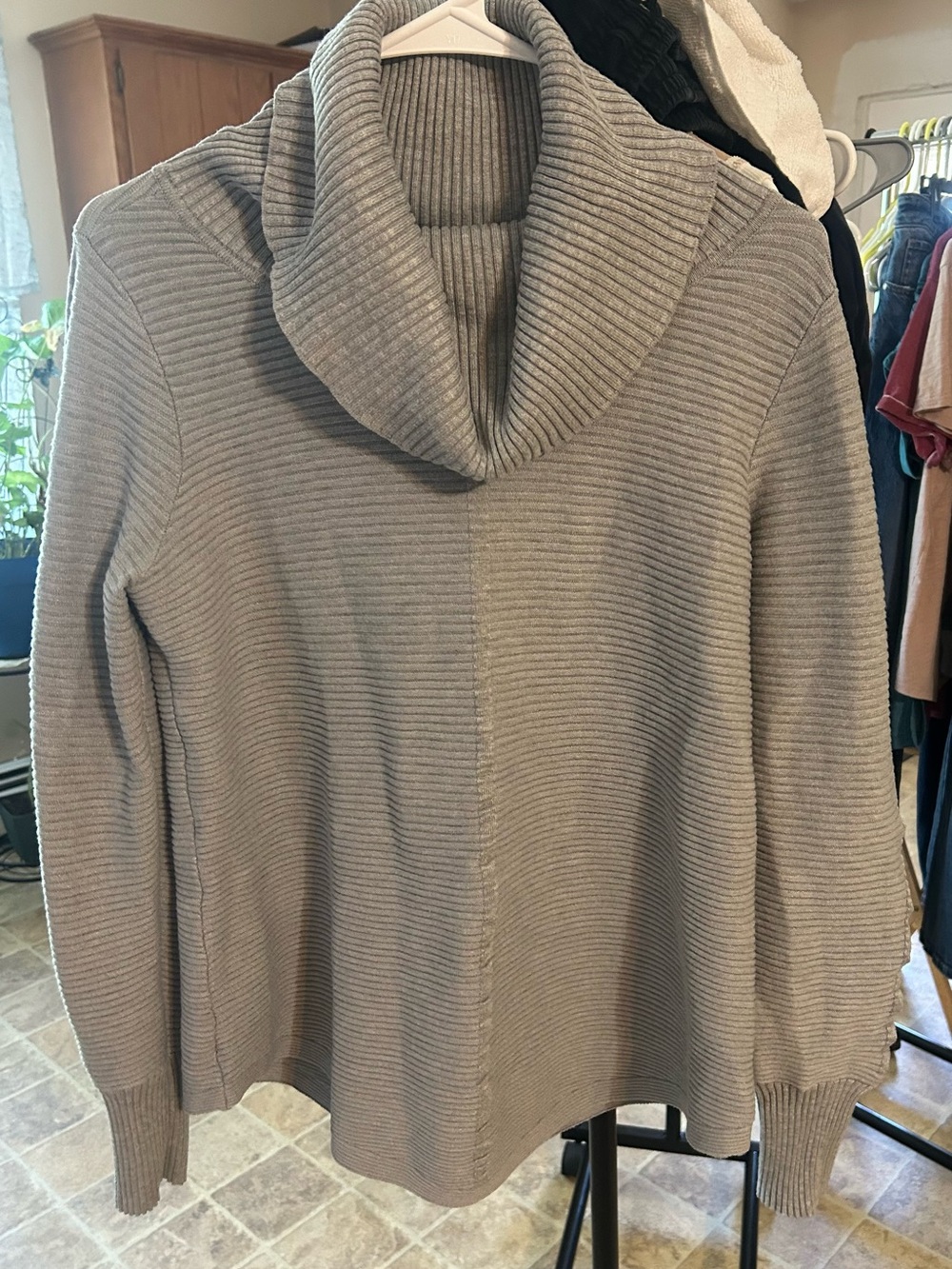 Cyrus Ribbed Cowl Neck Sweater in Taupe Gray